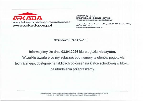 Biuro nieczynne dnia 03.04.2026