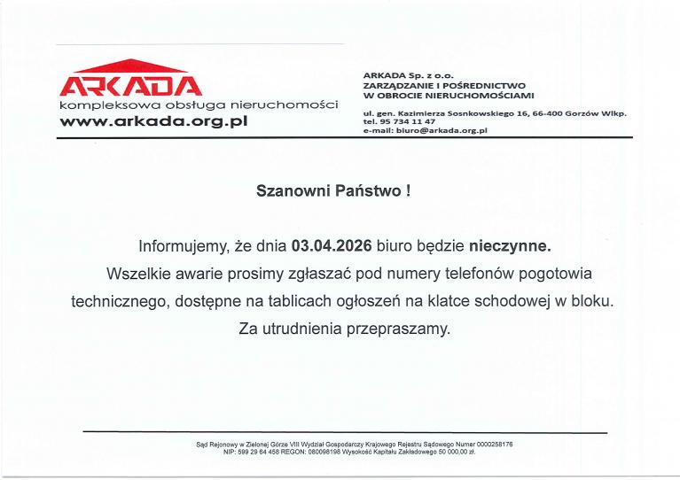 Biuro nieczynne dnia 03.04.2026